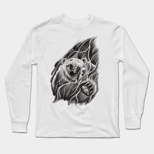 Roaring Bear breaking through the Mist in a Lightning Storm Tattoo Design Long Sleeve T-Shirt